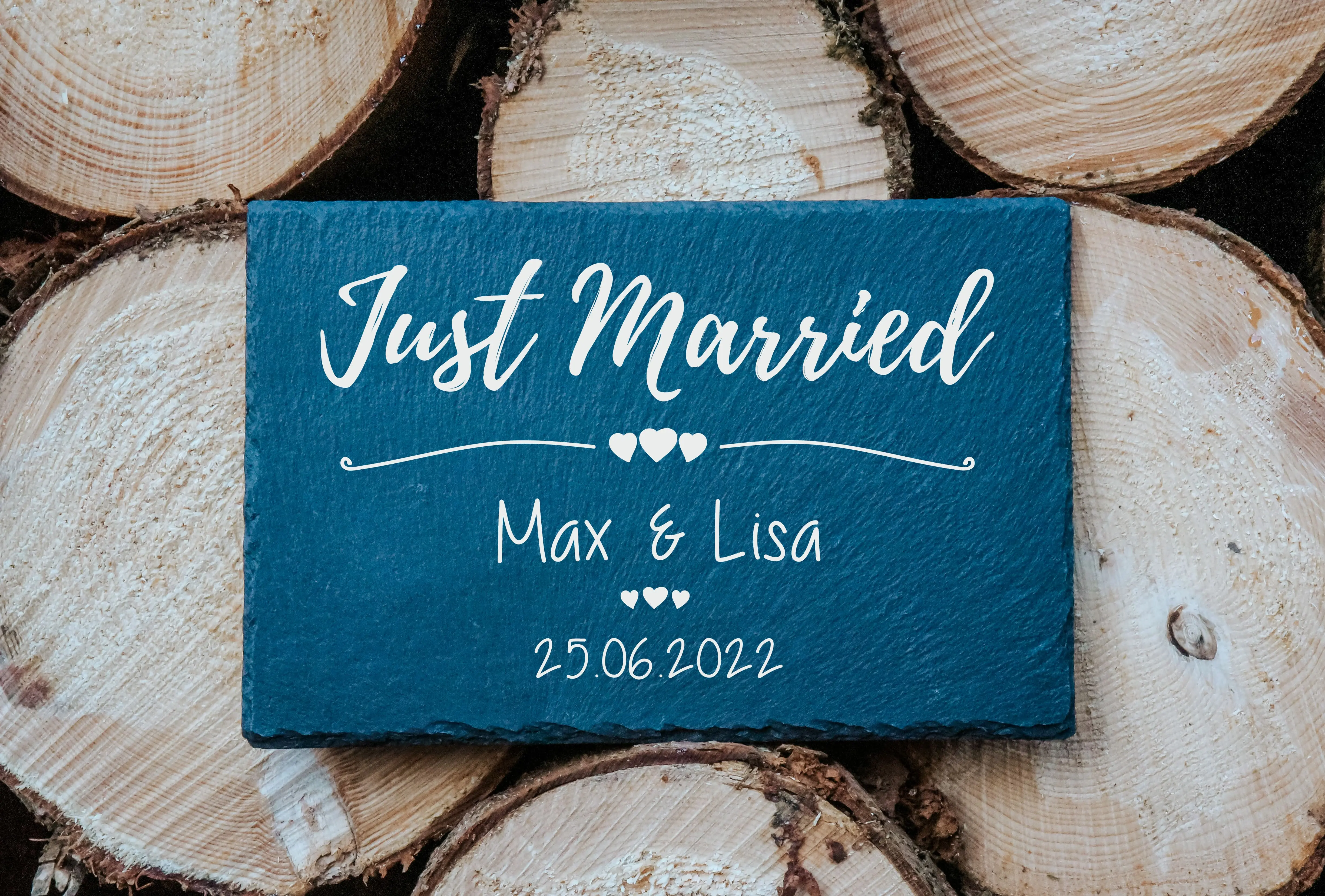 Just Married mit Namen und Datum | gravierte Schiefertafel
