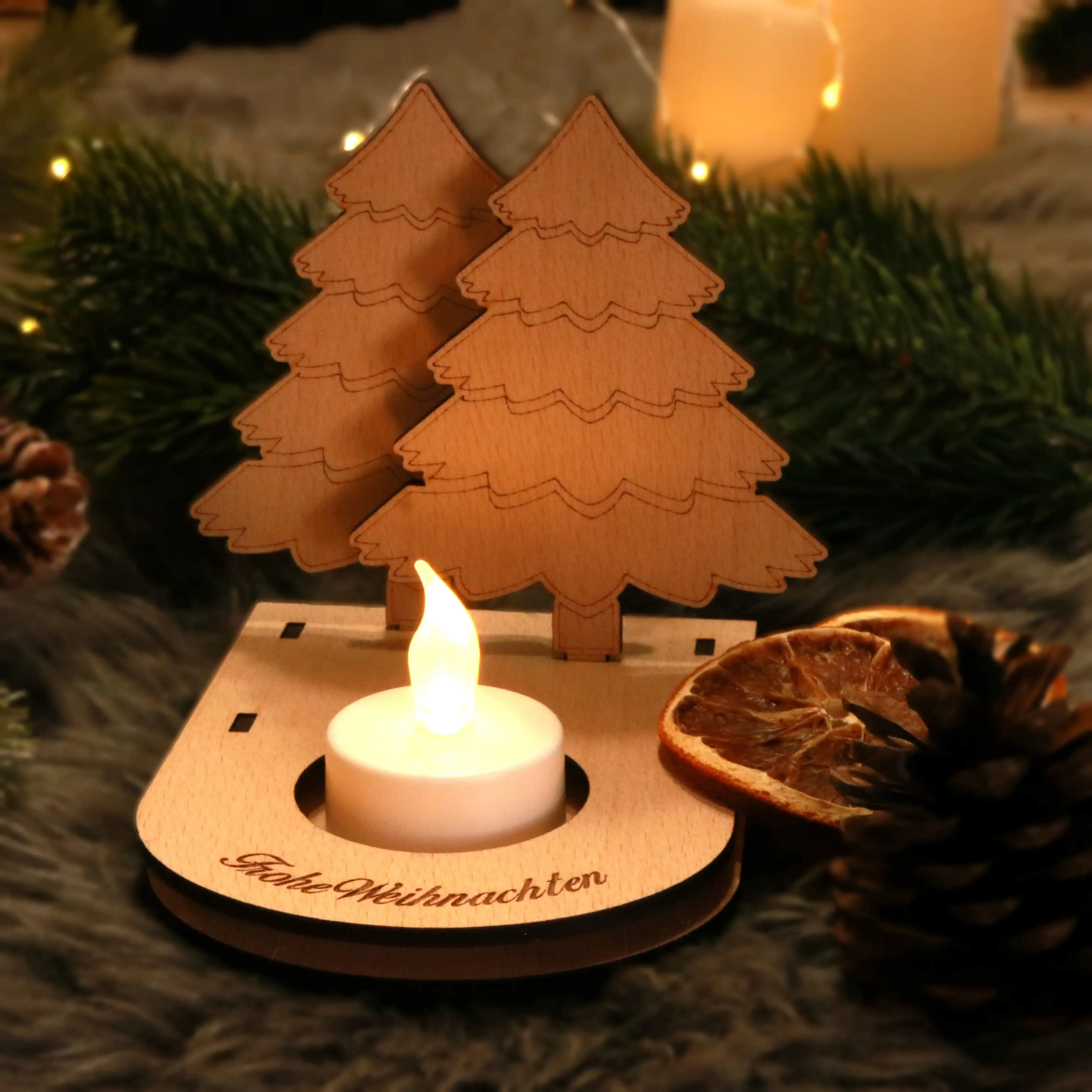 Frohe Weihnachten | Teelichthalter aus Holz