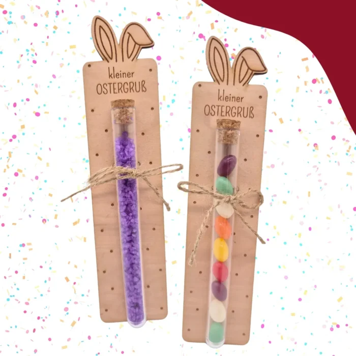 Ostergruß | Frohe Ostern Holzkarte inkl. gefülltes Reagenzglas – Bild 1