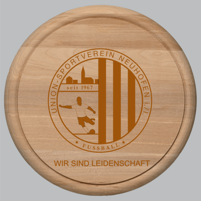 JB rund USV Neuhofen Logo mit Claim | graviertes Schneidebrett/Jausenbrett – Bild 1